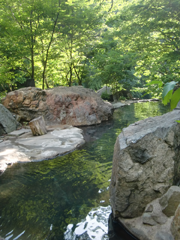 松川渓谷温泉「滝の湯」の混浴露天風呂。木漏れ日が差す無色透明の優しいお湯は、まったりするにはちょうどいい湯加減
