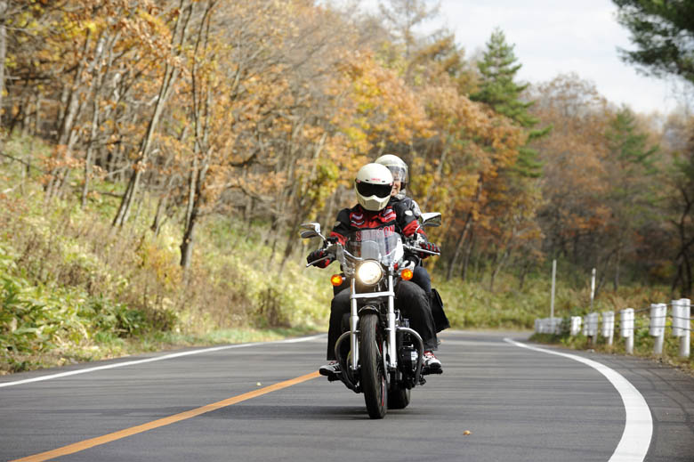 紅葉の中、タンデム二人旅をのんびり楽しむ山本先生＆レイチェル＆VT400Sなのだ。